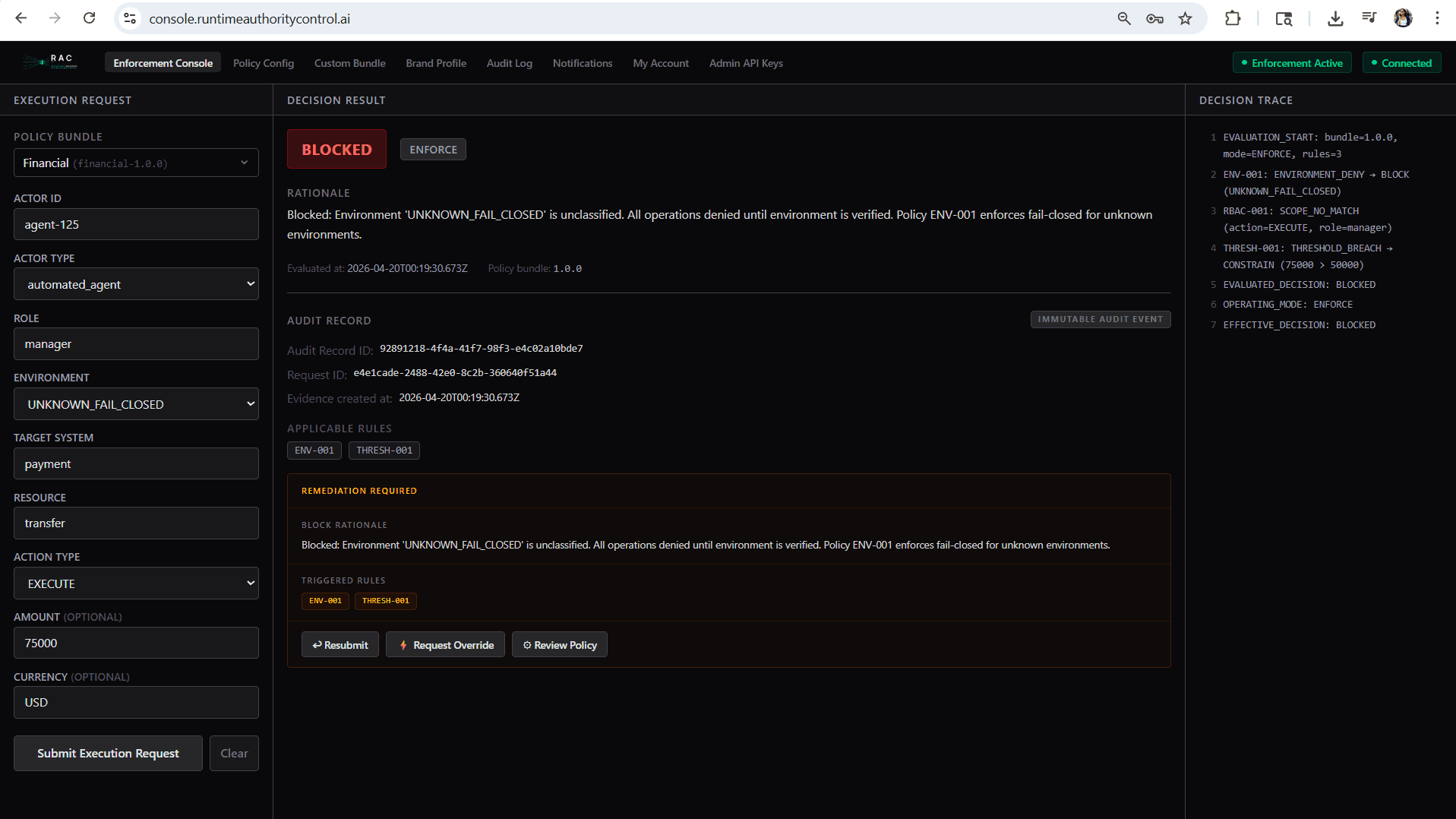 RAC Enforcement Console showing a BLOCKED decision with remediation options.
